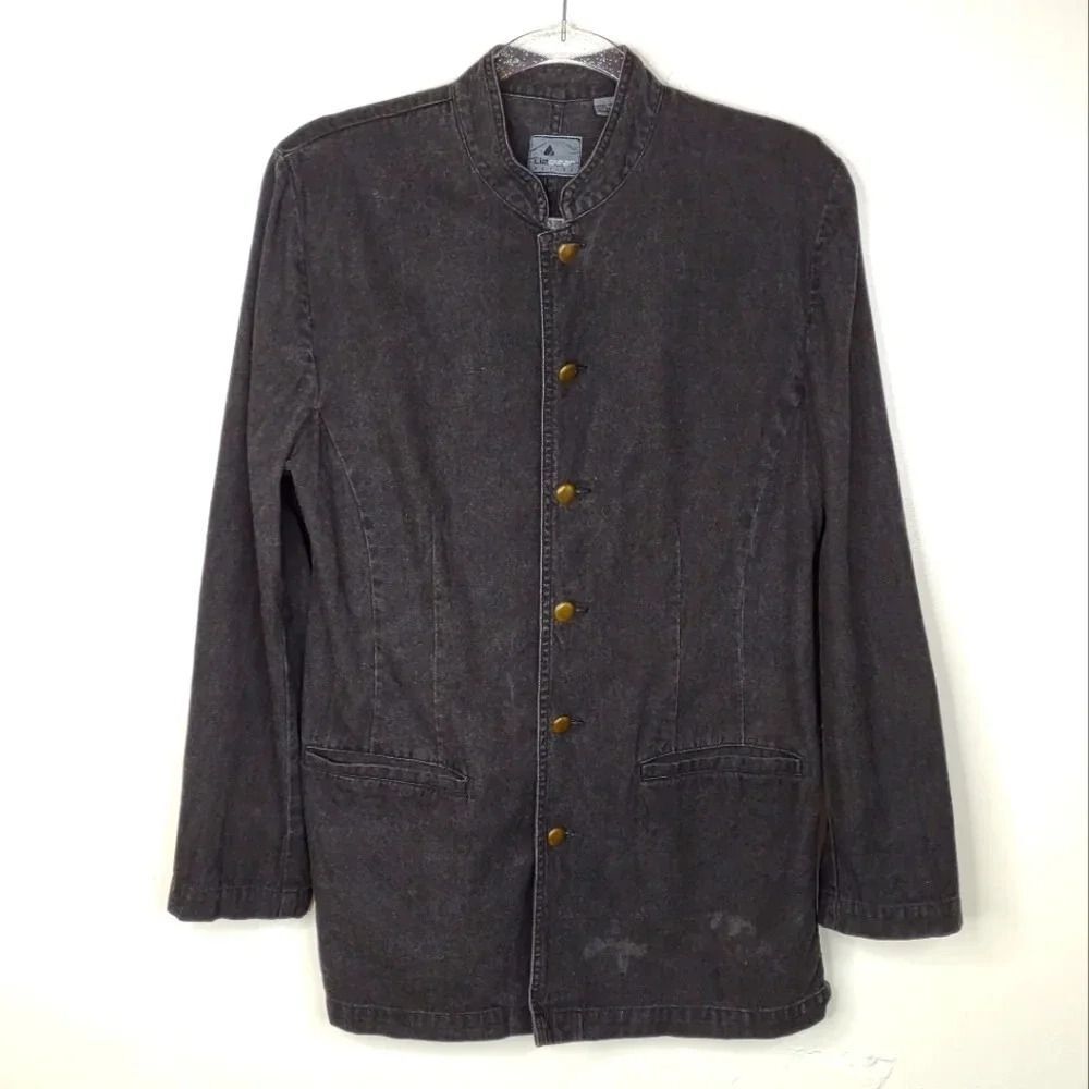 Vintage Liz wear Long Black Denim Button Up Jacket size 8 Petite Rare Co…